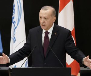 epa08076575 Turkey's President Recep Tayyip Erdogan delivers his statement during the United Nations High Commissioner for Refugees (UNHCR) Global Refugee Forum at the European headquarters of the United Nations (UNOG) in Geneva, Switzerland, 17 December 2019.  EPA/SALVATORE DI NOLFI