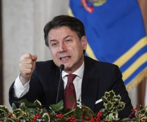 epa08092448 Italian Premier Giuseppe Conte at Villa Madama during the Year-end press conference, in Rome, Italy, 28 December 2019.  EPA/GIUSEPPE LAMI