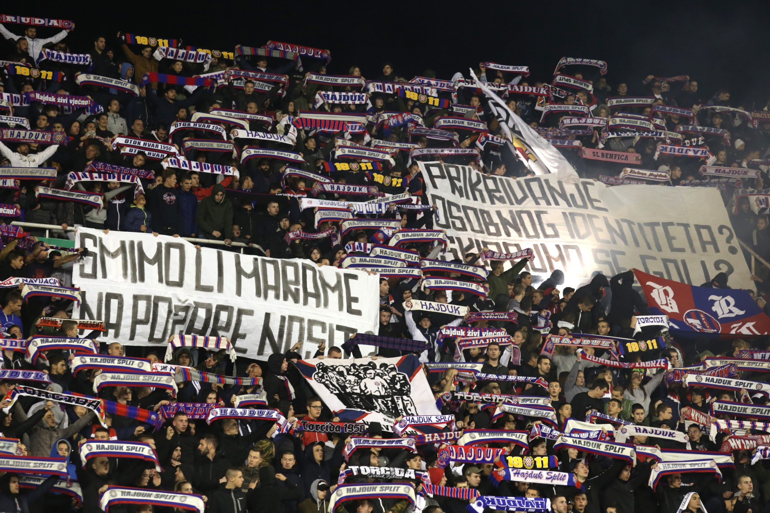 01.12.2019., stadion Poljud, Split - Hrvatski Telekom Prva liga, 17. kolo, HNK Hajduk - HNK Rijeka. 0 - 4. Navijacki transparenti
Photo: Miranda Cikotic/PIXSELL