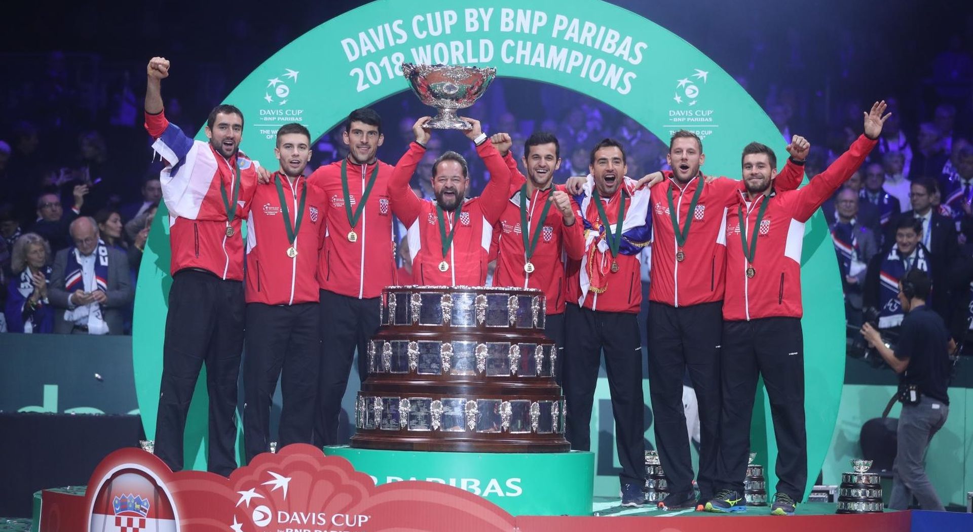 25.11.2018., Lille, Francuska - Na stadionu Pierre-Mauroy odigrano je finale Davis Cupa izmedju Francuske i Hrvatske. Hrvatska je osvojila Davis Cup drugi puta u povijesti. Izbornik Zeljko Krajan, Ivan Dodig, Mate Pavic, Franko Skugor, Borna Coric, Marin Cilic. 
Photo: Sanjin Strukic/PIXSELL