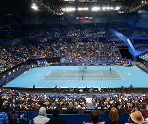 epa08100133 A general view of play as Daniil Medvedev of Russia takes on Fabio Fognini of Italy during day 1 of the ATP Cup tennis tournament at RAC Arena in Perth, Australia, 03 January 2020.  EPA/GARY DAY AUSTRALIA AND NEW ZEALAND OUT  EDITORIAL USE ONLY
