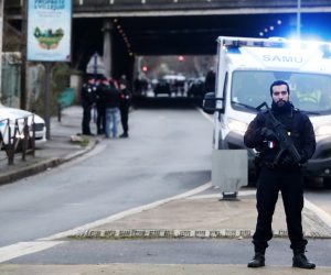 epa08100395 French police and rescue team stand at a security perimeter at the Hautes-Bruyeres public park in Villejuif, near Paris, France, 03 January 2020, after a man stabbed several people. According to recent reports, one person died, two are seriously injured. Police killed the assailant.  EPA/CHRISTOPHE PETIT TESSON