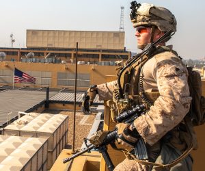 epa08100571 A handout photo made available by the US Marine Corps shows a US Marine on watch at the US embassy compound in Baghdad, Iraq, 03 January 2020. The US Pentagon announced that Iran's Quds Force leader Qasem Soleimani and Iraqi militia commander Abu Mahdi al-Muhandis were killed on 03 January 2020 following a US airstrike at Baghdad's international airport. The attack comes amid escalating tensions between Tehran and Washington, days after alleged supporters of Iran-backed militias stormed the US embassy in Baghdad.  EPA/KYLE TALBOT / US MARINE CORPS HANDOUT  HANDOUT EDITORIAL USE ONLY/NO SALES