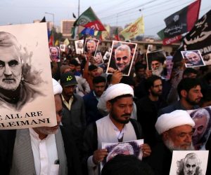 epa08104832 Pakistani Shiite Muslims hold pictures of General Qasem Soleimani, the head of Iran's Islamic Revolutionary Guard Corps' elite Quds Force, during a protest against the USA, in Karachi, Pakistan, 05 January 2020. General Qasem Soleimani, was killed in an airstrike on 03 January, in Baghdad ordered by the United States president, the Pentagon said. General Soleimani was in charge of Iran's foreign policy strategy as the head of the Quds Force, an elite wing of the Islamic Revolutionary Guard Corps, which the US designated as a terror organization. The Quds Force holds sway over a raft of Shia militias across the region, from Lebanon to Syria and Iraq.  EPA/SHAHZAIB AKBER