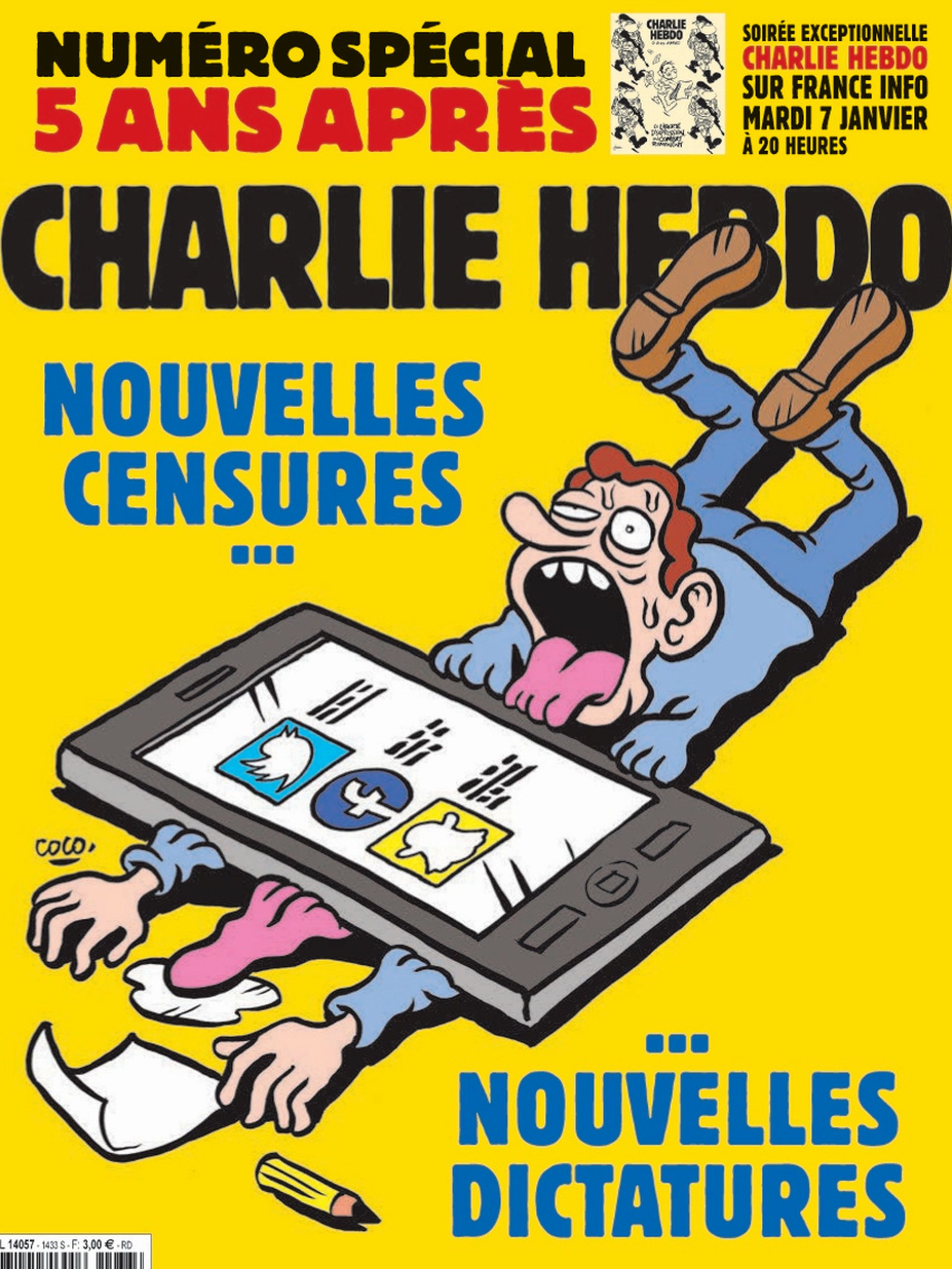 epa08107835 A handout photo made available by the Majorelle PR Agency on 06 January 2020 shows the cover of the special issue of French satirical weekly Charlie Hebdo with a cartoon by French artist Coco to mark the fifth anniversary of the Charlie Hebdo attacks, reading 'New censorship... New dictatorship'. Commemorations will mark the fifth anniversary of the terror attacks at the Charlie Hebdo offices that took place on 07 January 2015.  EPA/CHARLIE HEBDO HANDOUT MANDATORY CREDIT: CHARLIE HEBDO HANDOUT EDITORIAL USE ONLY/NO SALES/NO ARCHIVES *** Local Caption *** 53984746