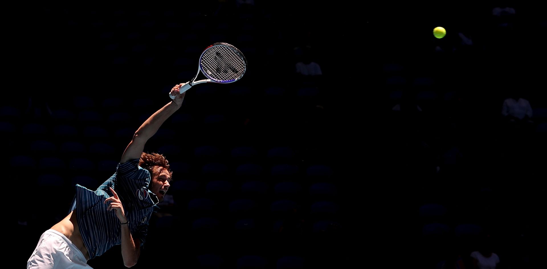 epa08109306 Daniil Medvedev of Russia in action against Casper Ruud of Norway (not pictured) during day five of the ATP Cup tennis tournament at RAC Arena in Perth, Australia, 07 January 2020.  EPA/RICHARD WAINWRIGHT AUSTRALIA AND NEW ZEALAND OUT  EDITORIAL USE ONLY