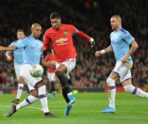 epa08110963 Manchester City's  Fernandinho (L) in action against Manchester United's Marcus Rashford (C) during the Carabao Cup first round semi-final soccer match between Manchester United and Manchester City held at Old Trafford in Manchester, Britain, 07 January 2020.  EPA/PETER POWELL EDITORIAL USE ONLY.  No use with unauthorized audio, video, data, fixture lists, club/league logos or 'live' services. Online in-match use limited to 120 images, no video emulation. No use in betting, games or single club/league/player publications.