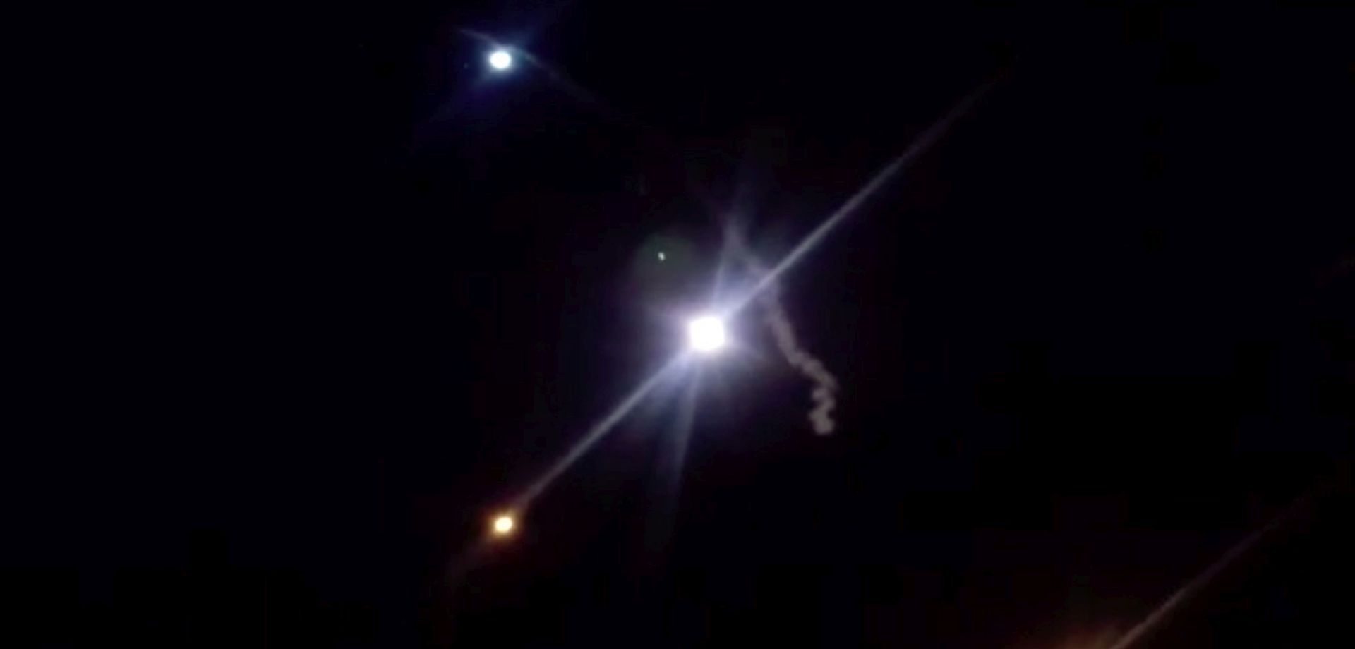 epa08111198 A handout screengrab grab taken from a video released by Iranian state TV (IRIB) shows rockets lunched from Iran against the US military base in Ein-al Asad in Iraq, 08 January 2020. According to Iranian state TV, on 08 January 2020, Iran's Revolutionary Guard Crops (IRGC) launched a series of rockets targeting Ain al-Assad air base located in al-Anbar, one of the bases hosting US military troops in Iraq. The attack comes days after the Top Iranian General Qasem Soleimani, head of the IRGC's Quds force, was killed by a US drone strike in Baghdad.  EPA/IRIB HANDOUT  HANDOUT EDITORIAL USE ONLY/NO SALES