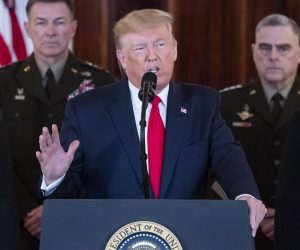 epa08112639 US President Donald J. Trump (C) delivers a statement on the US response to Iranian missile strikes, in the Grand Foyer of the White House in Washington, DC, 08 January 2020. Iran has launched missile strikes against two military bases in Iraq that house US forces, in retaliation to the killing of Iranian Revolutionary Guards Corps Lieutenant general and commander of the Quds Force, Qasem Soleimani, by a US drone strike in Baghdad.  EPA/MICHAEL REYNOLDS