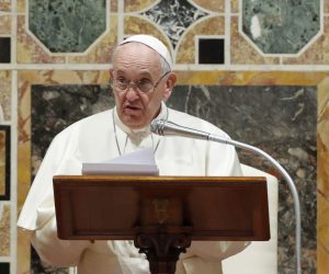 epa08113862 Pope Francis addresses diplomats accredited to the Holy See during an audience for the traditional exchange of New Year greetings, in the Sala Regia state hall at the Vatican, 09 January 2020.  EPA/REMO CASILLI / POOL