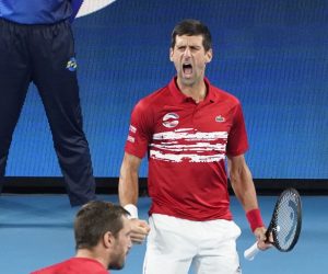 epa08122283 Novak Djokovic (R) and Viktor Troicki of Serbia react during their doubles final match against Pablo Carreno Busta and Feliciano Lopez of Spain on day 10 of the ATP Cup tennis tournament at Ken Rosewall Arena in Sydney, New South Wales, Australia, 12 January 2020.  EPA/MARK EVANS AUSTRALIA AND NEW ZEALAND OUT