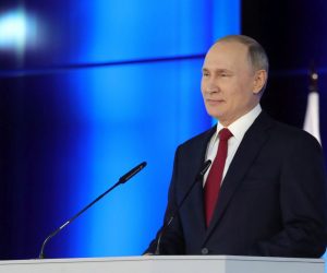 epa08129624 Russian President Vladimir Putin presents his annual address to the Federal Assembly at the Manezh Central Exhibition Hall in Moscow, Russia, 15 January 2020. About 1,300 people including lawmakers of Russian two-chamber parliament, Government members, heads of the Constitutional and Supreme courts, and regional governors, were invited to attend the event. About 900 Russian and foreign journalists were accredited to cover the event.  EPA/MICHAEL KLIMENTYEV / SPUTNIK / KREMLIN POOL MANDATORY CREDIT