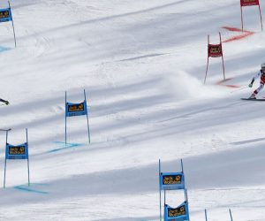 epa08140974 Second placed Elisa Moerzinger (R) of Austria and winner Clara Direz (L) of France in action at the final round during the women's Parallel Giant Slalom race at the FIS Alpine Skiing World Cup event in Sestriere, Italy, 19 January 2020.  EPA/ANDREA SOLERO