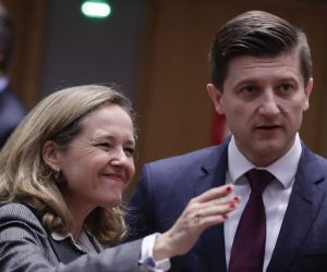 epa08146557 Spanish Economy Minister Nadia Calvino (L) and Croatian Finance Minister Zdravko Maric during Finance Ministers' attend a Finance Ministers' Economic and Financial Affairs Council (ECOFIN) meeting in Brussels, Belgium, 21 January 2020.  EPA/OLIVIER HOSLET