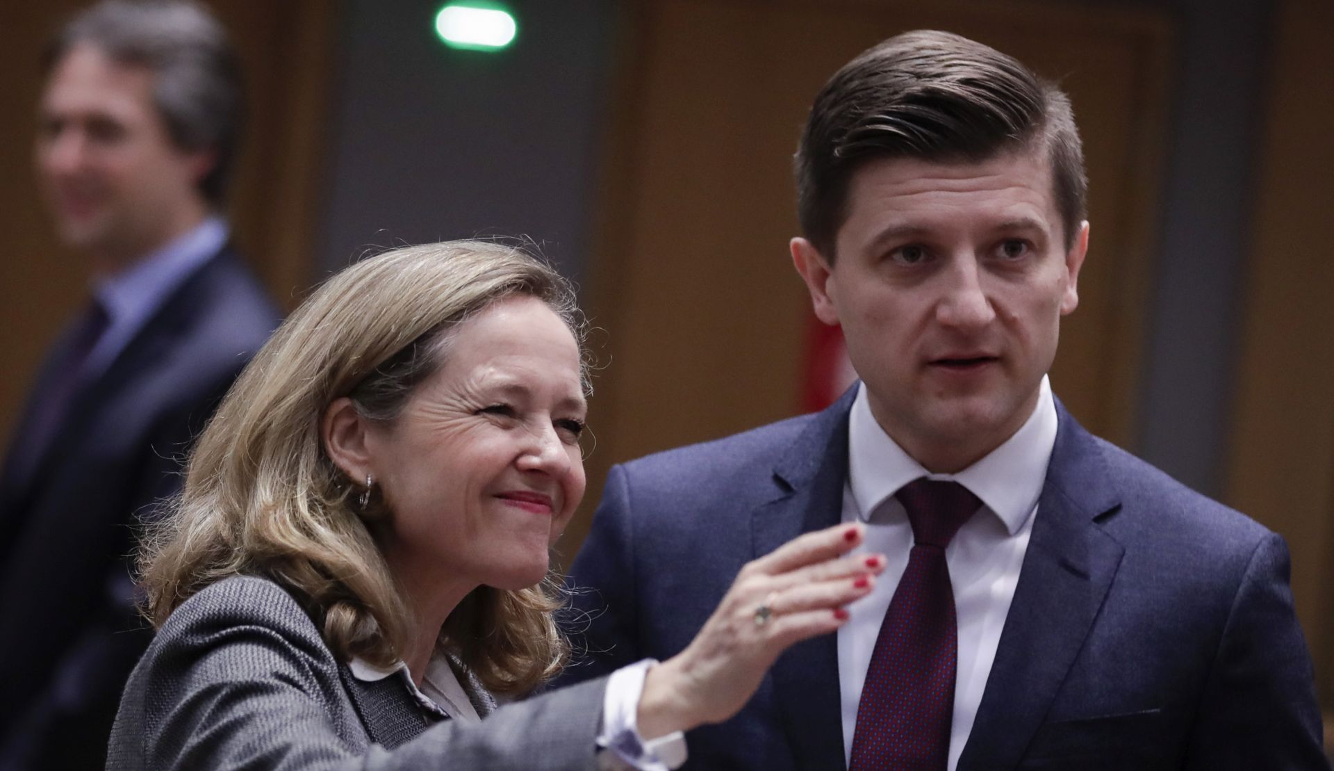 epa08146557 Spanish Economy Minister Nadia Calvino (L) and Croatian Finance Minister Zdravko Maric during Finance Ministers' attend a Finance Ministers' Economic and Financial Affairs Council (ECOFIN) meeting in Brussels, Belgium, 21 January 2020.  EPA/OLIVIER HOSLET