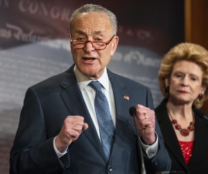 epa08147992 Democratic Senate Minority Leader Chuck Schumer speaks on the impeachment rules proposed by Senate Majority Leader Mitch McConnell in the US Capitol in Washington, DC, USA, 21 January 2020. The first full day of the Senate impeachment trial of US President Donald J. Trump will be spent debating the rules for the proceedings with Senate Majority Leader Mitch McConnell pushing for two 12 hour days for each side to present their opening remarks.  EPA/JIM LO SCALZO