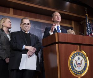 epa08164321 House Permanent Select Committee on Intelligence Chairman Adam Schiff (C) delivers remarks beside other House impeachment managers (L to R); Democratic Representative from Texas Sylvia Garcia, House Judiciary Committee Chairman Jerry Nadler and Democratic Representative from Colorado Jason Crow, 
during a news conference following the Senate impeachment trial in the US Capitol in Washington, DC, USA, 25 January 2020. Following three days of opening arguments from House impeachment managers, members of the defense team for US President Donald J. Trump began their defense in the impeachment trial of US President Donald J. Trump.  EPA/MICHAEL REYNOLDS