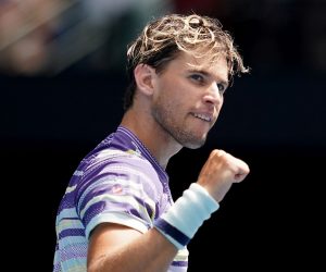 epa08169020 Dominic Thiem of Austria gestures after winning his fourth round match against Gael Monfils of France at the Australian Open tennis tournament at Melbourne Park in Melbourne, Australia, 27 January 2020.  EPA/NATASHA MORELLO AUSTRALIA AND NEW ZEALAND OUT  EDITORIAL USE ONLY