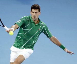 epa08171868 Novak Djokovic of Serbia in action during his men's singles quarterfinal match against Milos Raonic of Canada at the Australian Open Grand Slam tennis tournament in Melbourne, Australia, 28 January 2020. EPA/LYNN BO BO