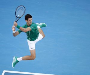 epa08177756 Novak Djokovic of Serbia in action during his men's singles semifinal match against Roger Federer of Switzerland at the Australian Open Grand Slam tennis tournament in Melbourne, Australia, 30 January 2020. EPA/FRANCIS MALASIG