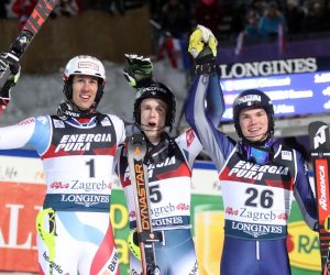 05.01.2020., Zagreb, Sljeme - Druga voznja muskog slaloma Audi FIS Svjetskog skijaskog kupa Snow Queen Trophy. ZENHAEUSERN Ramon, NOEL Clement, VINATZER Alex Photo: Luka Stanzl/PIXSELL