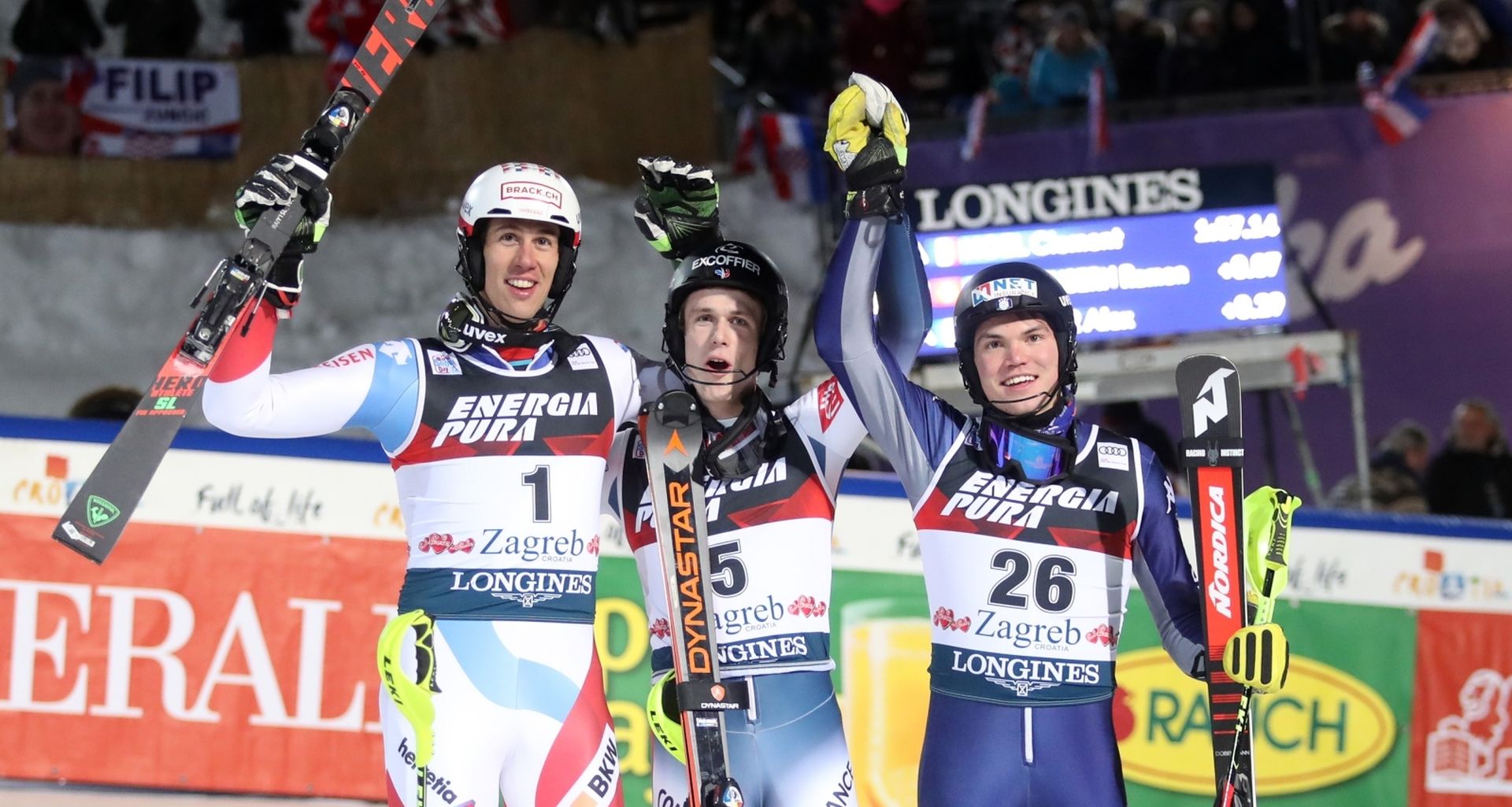 05.01.2020., Zagreb, Sljeme - Druga voznja muskog slaloma Audi FIS Svjetskog skijaskog kupa Snow Queen Trophy. ZENHAEUSERN Ramon, NOEL Clement, VINATZER Alex Photo: Luka Stanzl/PIXSELL