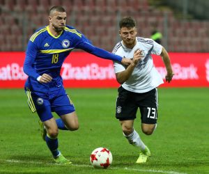 15.10.2019., Zenica, Bosna i Hercegovina - Kvalifikacijska utakmica za Europsko nogometno prvenstvo U-21 2021., skupina 9, Bosna i Hercegovina - Njemacka. Nihad Mujakic, Salih Ozcan
Photo: Armin Durgut/PIXSELL