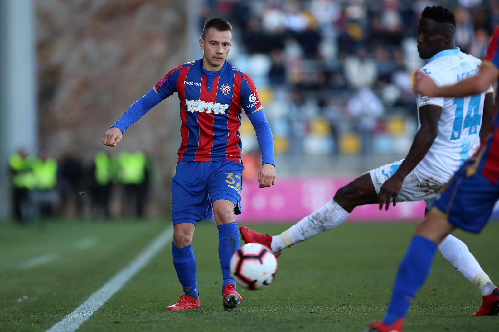 16.02.2019., Rijeka - Hrvatski telekom Prva HNL, 21. kolo, Rijeka - Hajduk. Maxwell Boadu Acosty, Fran Tudor. 
Photo: Nel Pavletic/PIXSELL