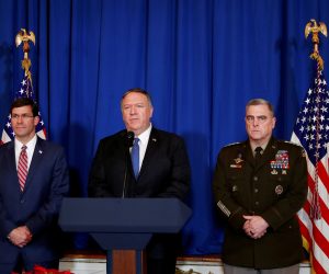 FILE PHOTO: U.S. Secretary of State Mike Pompeo speaks about airstrikes by the U.S. military in Iraq and Syria, at the Mar-a-Lago resort in Palm Beach, Florida FILE PHOTO: U.S. Secretary of State Mike Pompeo speaks about airstrikes by the U.S. military in Iraq and Syria, at the Mar-a-Lago resort in Palm Beach, Florida, U.S., December 29, 2019. With him are U.S. Army General Mark Milley and U.S. Defense Secretary Mark Esper. REUTERS/Tom Brenner/File Photo Tom Brenner