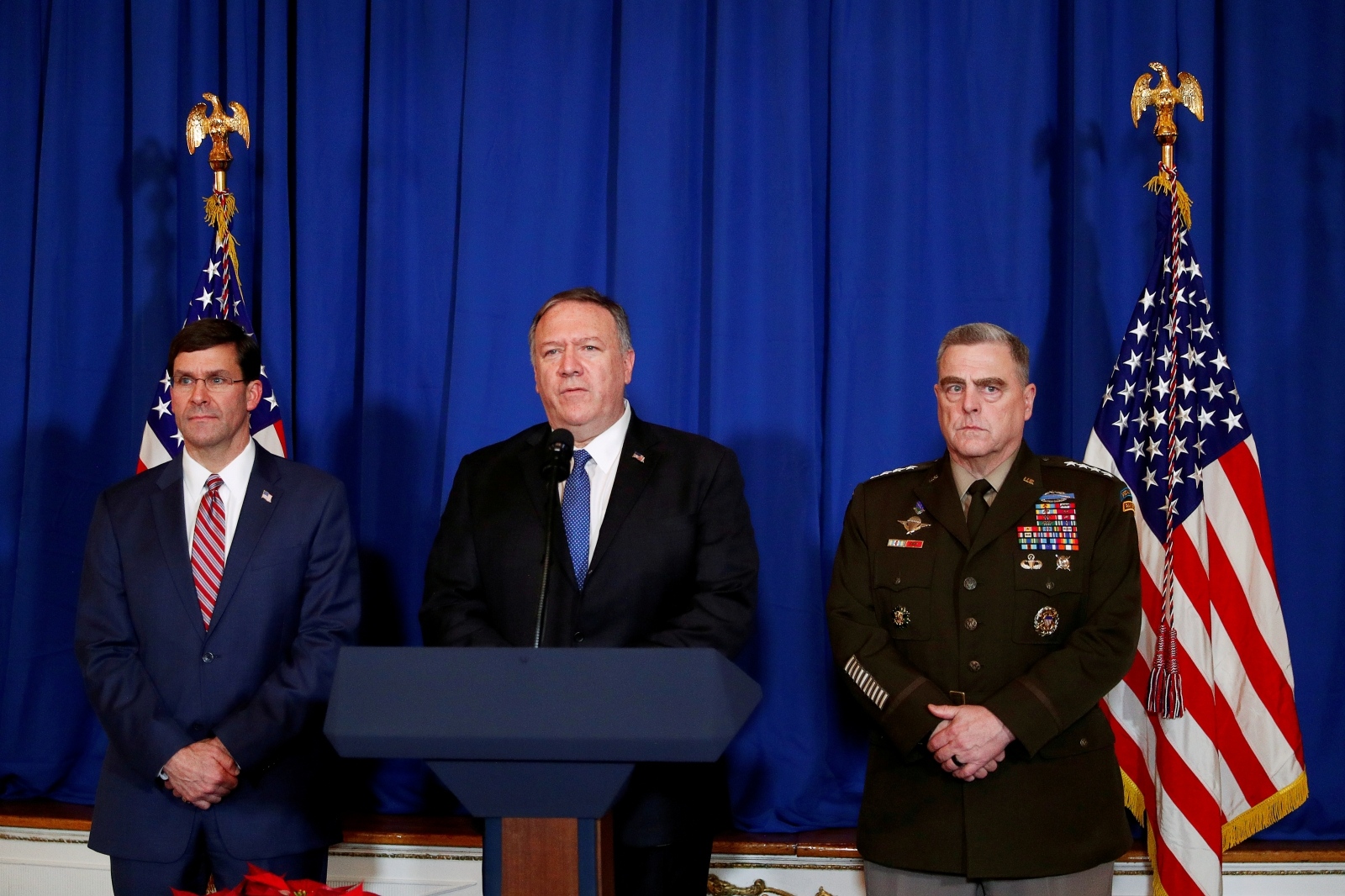 FILE PHOTO: U.S. Secretary of State Mike Pompeo speaks about airstrikes by the U.S. military in Iraq and Syria, at the Mar-a-Lago resort in Palm Beach, Florida FILE PHOTO: U.S. Secretary of State Mike Pompeo speaks about airstrikes by the U.S. military in Iraq and Syria, at the Mar-a-Lago resort in Palm Beach, Florida, U.S., December 29, 2019. With him are U.S. Army General Mark Milley and U.S. Defense Secretary Mark Esper. REUTERS/Tom Brenner/File Photo Tom Brenner