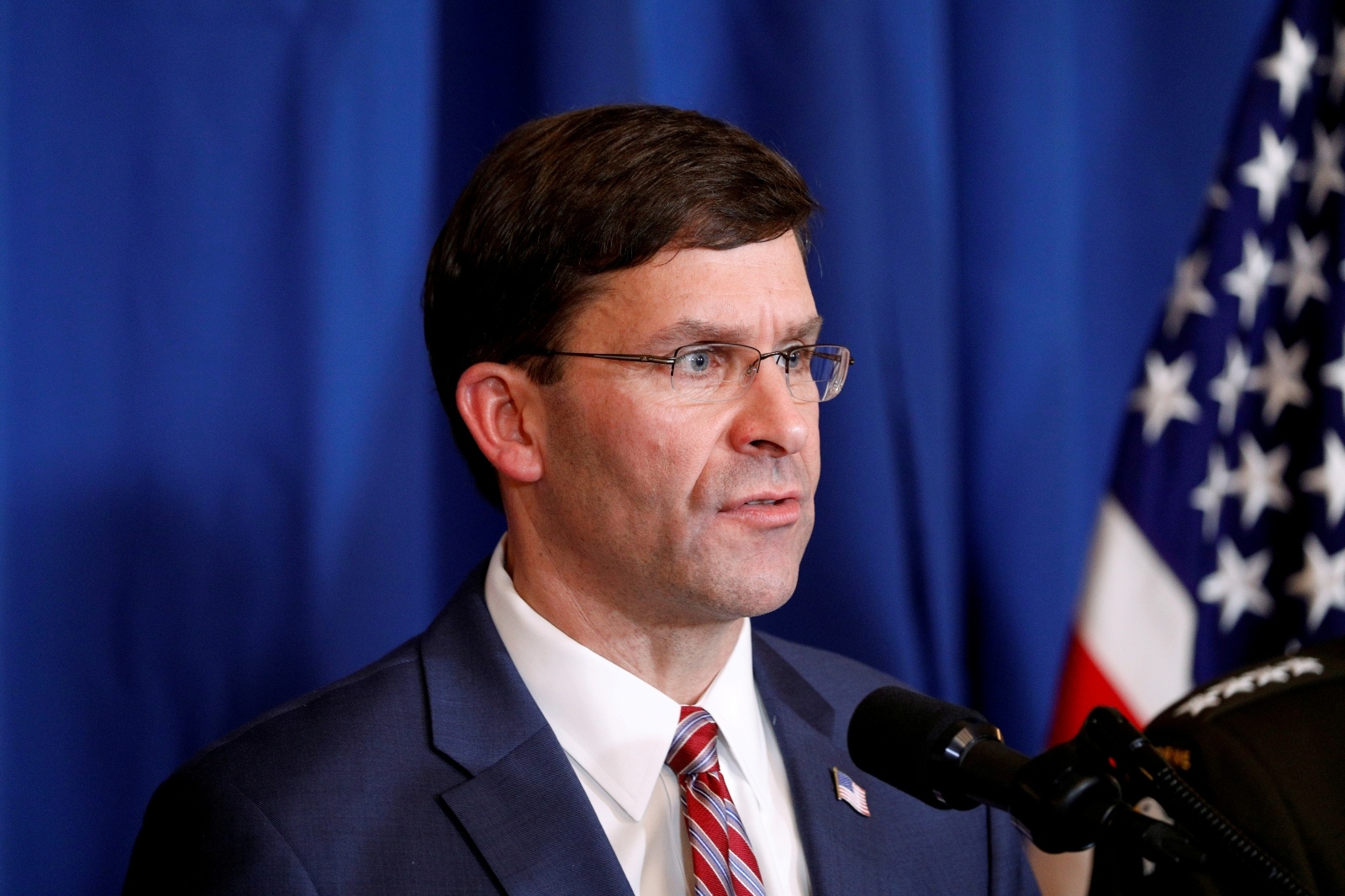 FILE PHOTO: U.S. Defense Secretary Mark Esper speaks about airstrikes by the U.S. military in Iraq and Syria, at the Mar-a-Lago resort in Palm Beach FILE PHOTO: U.S. Defense Secretary Mark Esper speaks about airstrikes by the U.S. military in Iraq and Syria, at the Mar-a-Lago resort in Palm Beach, Florida, U.S., December 29, 2019.  REUTERS/Tom Brenner/File Photo Tom Brenner