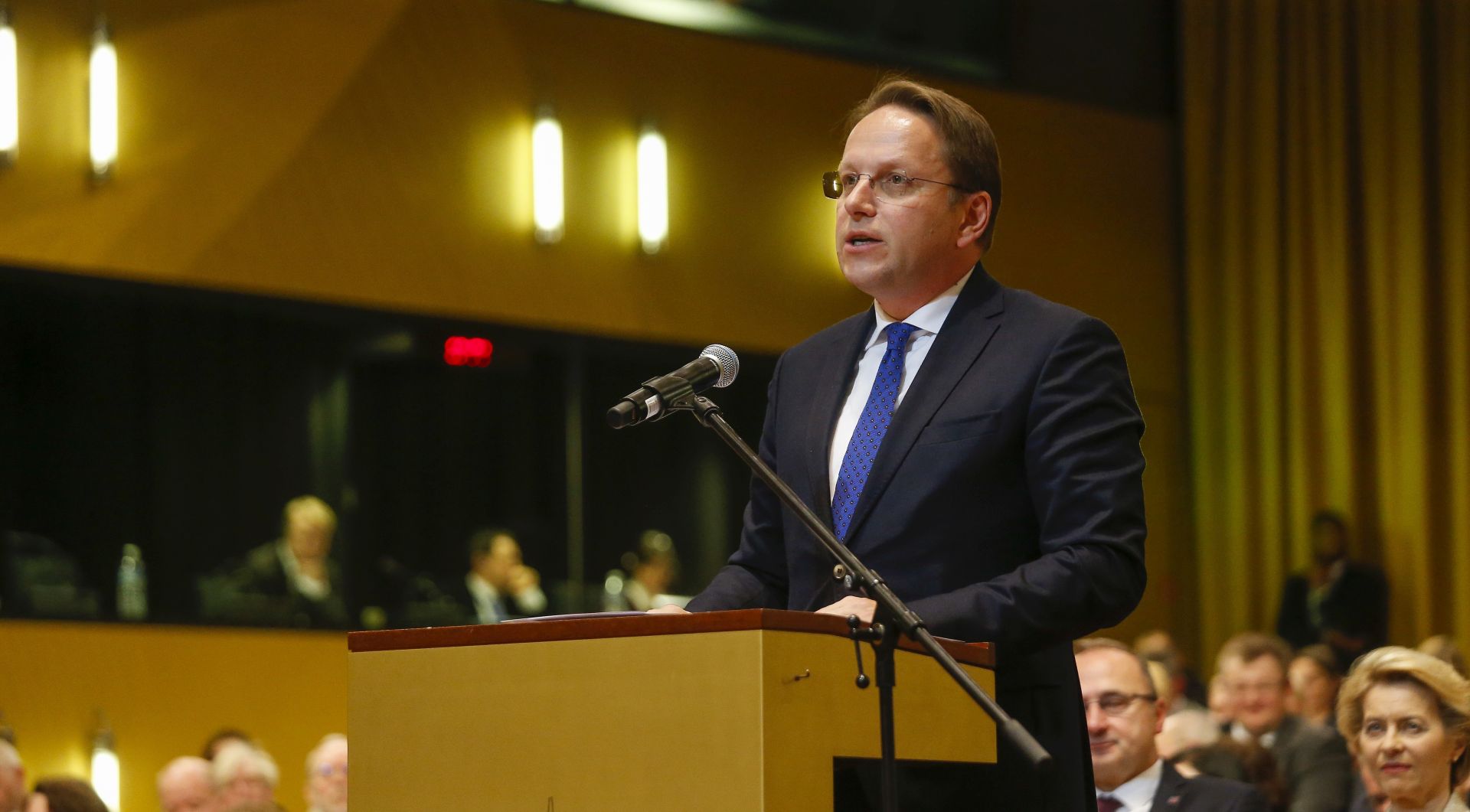 epa08125155 European Commissioner-designate in charge of neighborhood and enlargement policy, Oliver Varhelyi speaks during a swearing-in ceremony in front of the EU Court of Justice in Luxembourg, 13 January 2020. Members of the Commission are pledging to respect the Treaties and the Charter of Fundamental Rights of the EU, to carry out their responsibilities in complete independence and in the general interest of the Union.  EPA/JULIEN WARNAND
