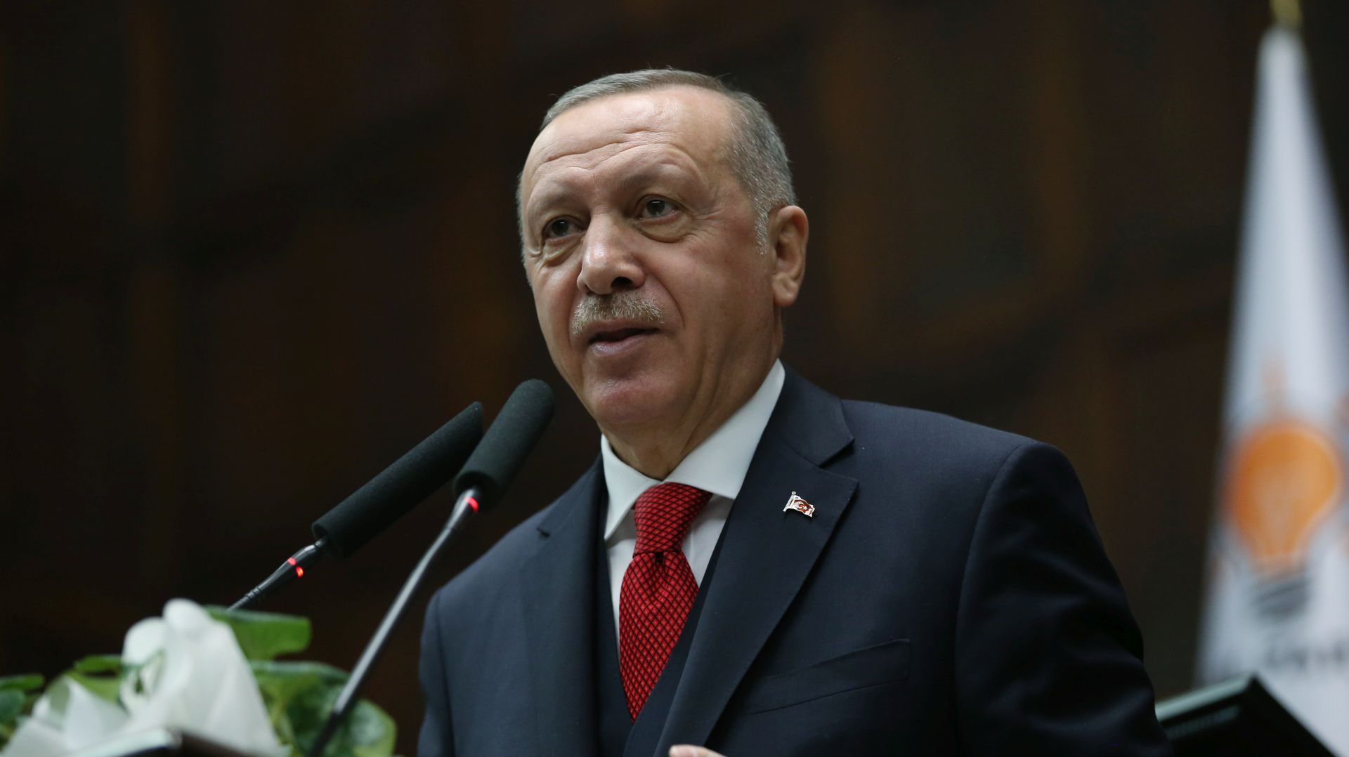 epa08127106 A handout photo made available by the Turkish President Press office shows Turkish President Recep Tayyip Erdogan addressing members of the ruling Justice and Development Party (AKP) at their group meeting at the parliament in Ankara, Turkey, 14 January 2020.  EPA/TURKISH PRESIDENT OFFICE HANDOUT  HANDOUT EDITORIAL USE ONLY/NO SALES