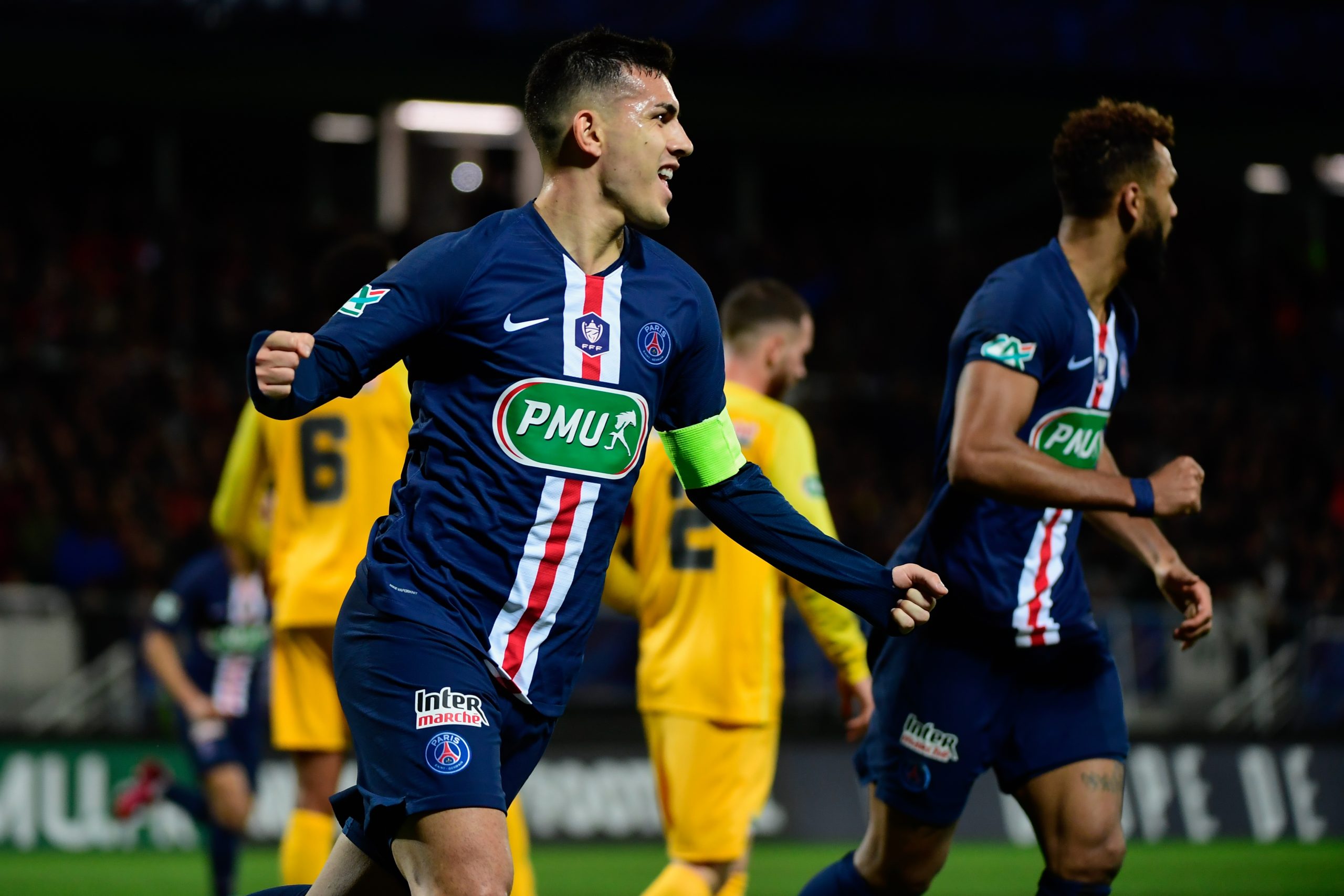 epa08176555 Leandro Paredes of Paris Saint Germain (C) reacts after his goal against Pau FC during the Coupe de France round of eight soccer match between Paris Saint-Germain (PSG) and Pau FC at the Hameau stadium in Pau, France, 29 January 2020.  EPA/CAROLINE BLUMBERG