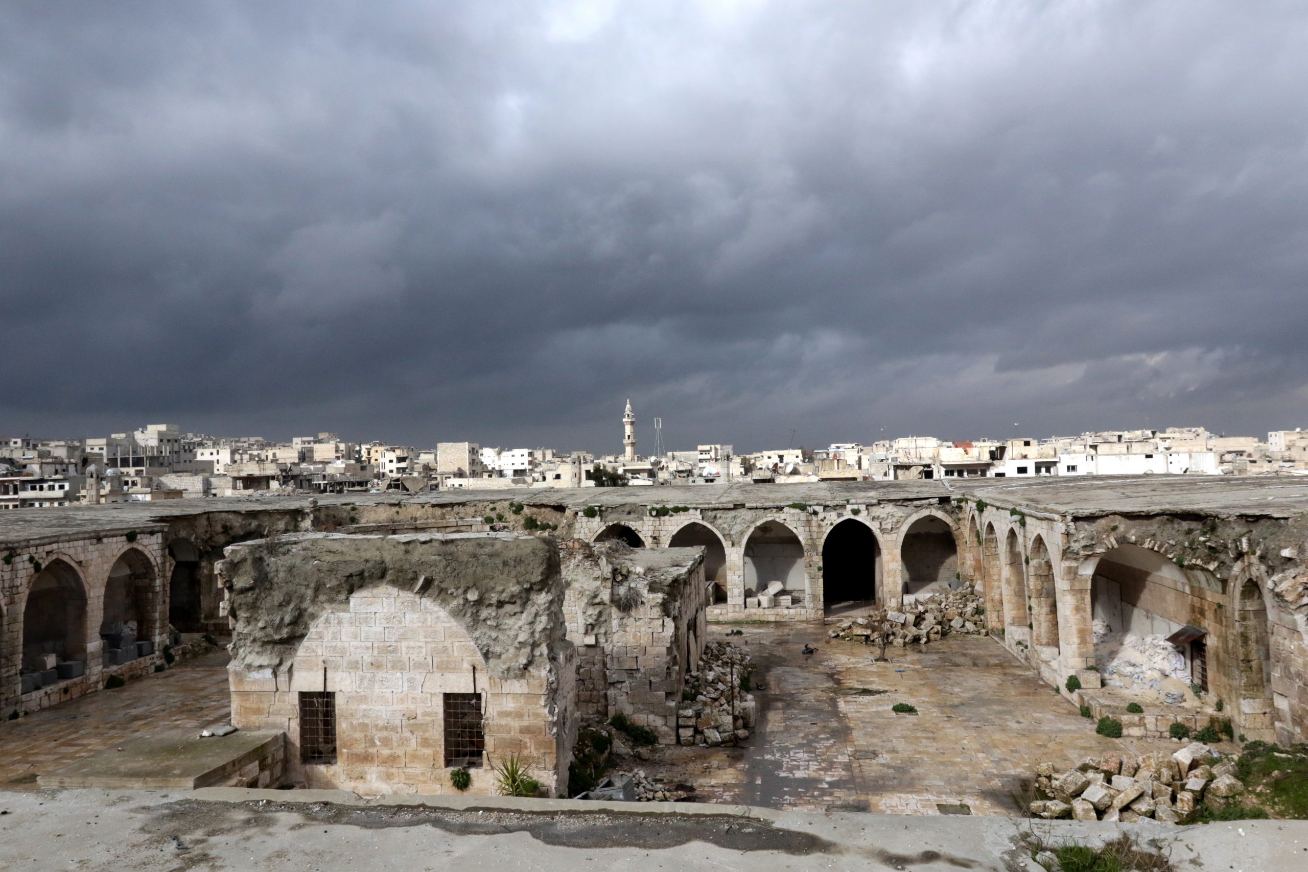 epa08179862 A view of damages at Maaret al-Nuaman city, in the countryside of Idlib, Syria, 30 January 2020. Journalists were taken in a government-organized trip to Maaret al-Nuaman strategic city in Idleb southern countryside after Syrian army units took control over from the rebels. Army units continue operations in the surrounding areas of the city to clear the tunnels.  EPA/YOUSSEF BADAWI