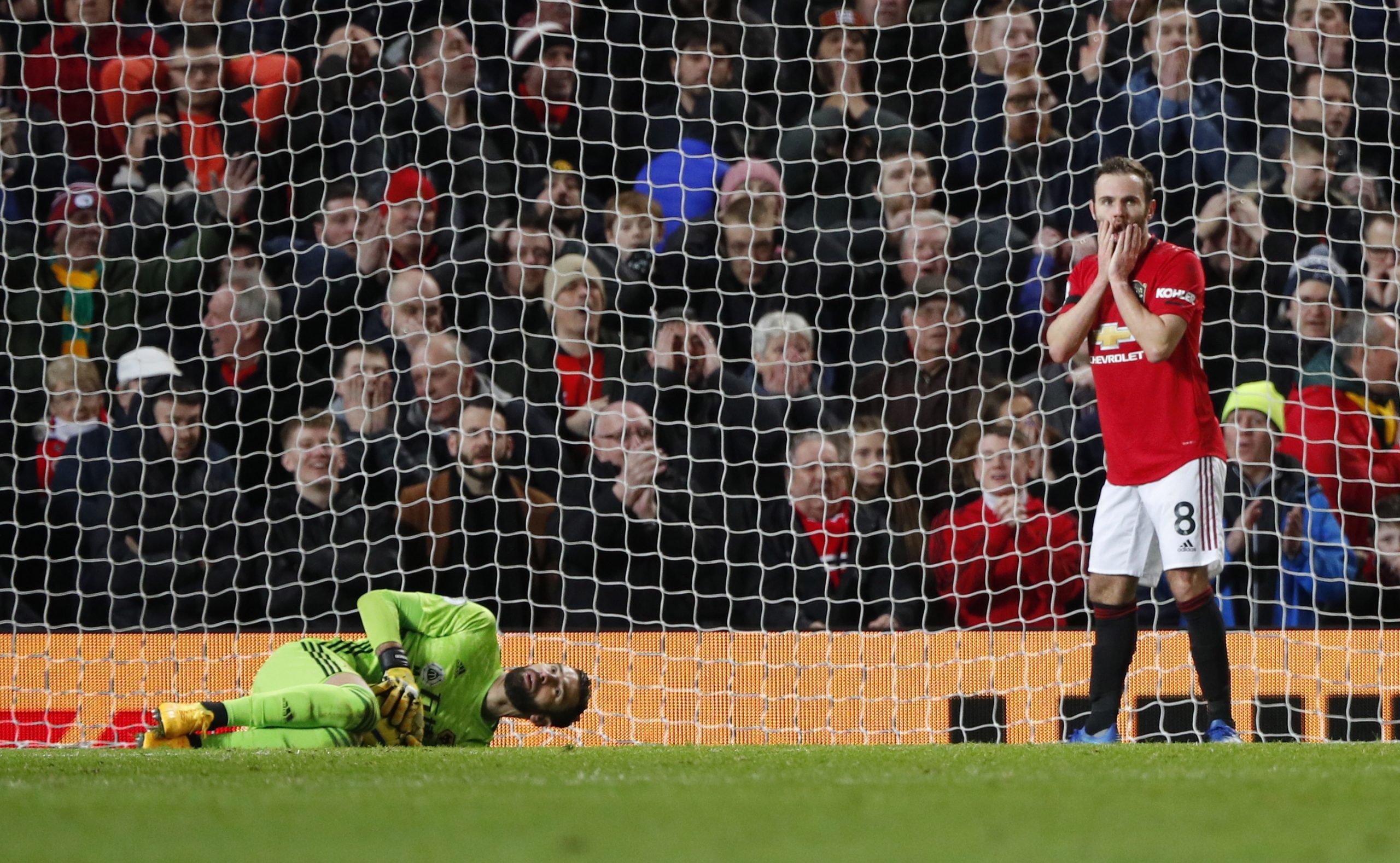 epa08185937 Manchester United's Juan Mata (R) reacts after missing a chance to score during the English Premier league soccer match between Manchester United and Wolverhampton Wonderers held at Old Trafford in Manchester, Britain, 01 February 2020.  EPA/LYNNE CAMERON EDITORIAL USE ONLY. No use with unauthorized audio, video, data, fixture lists, club/league logos or 'live' services. Online in-match use limited to 120 images, no video emulation. No use in betting, games or single club/league/player publications