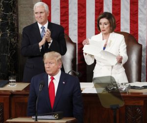 epa08193739 Speaker of the House Nancy Pelosi  (R) tears up a copy of US President Donald J. Trump's State of the Union address as he concludes in front of her and Vice President Mike Pence (L) aduring a joint session of congress in the House chamber of the US Capitol in Washington, DC, USA 04 February 2020. President Trump delivers his address as his impeachment trial is coming to an end with a final vote on the 2 articles of impeachment scheduled for 05 February.  EPA/SHAWN THEW