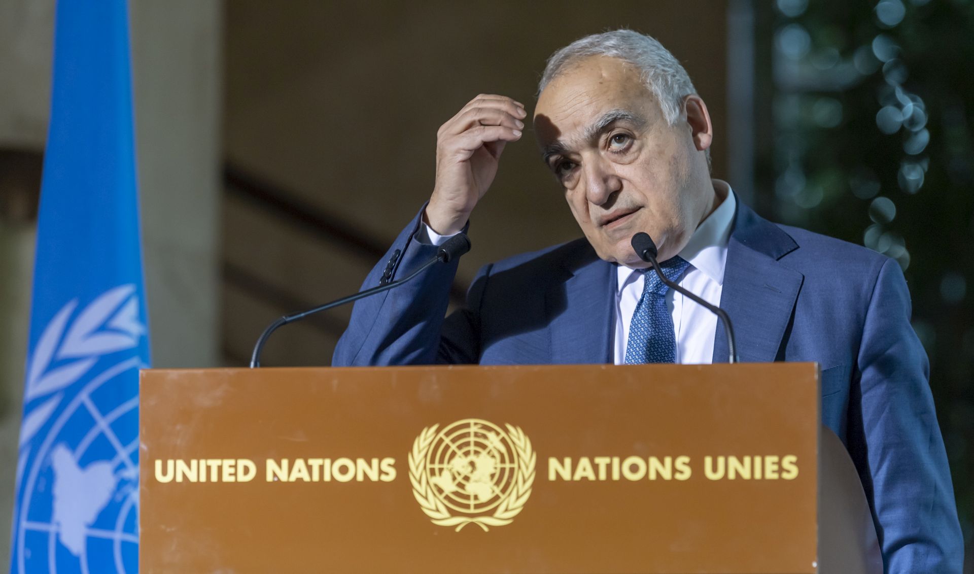 epa08198150 Ghassan Salame, Special Representative of the United Nations Secretary-General and Head of the United Nations Support Mission in Libya, informs the media about the meeting of the 5+5 Libyan Joint Military Commission at the European headquarters of the United Nations in Geneva, Switzerland, 06 February 2020.  EPA/MARTIAL TREZZINI