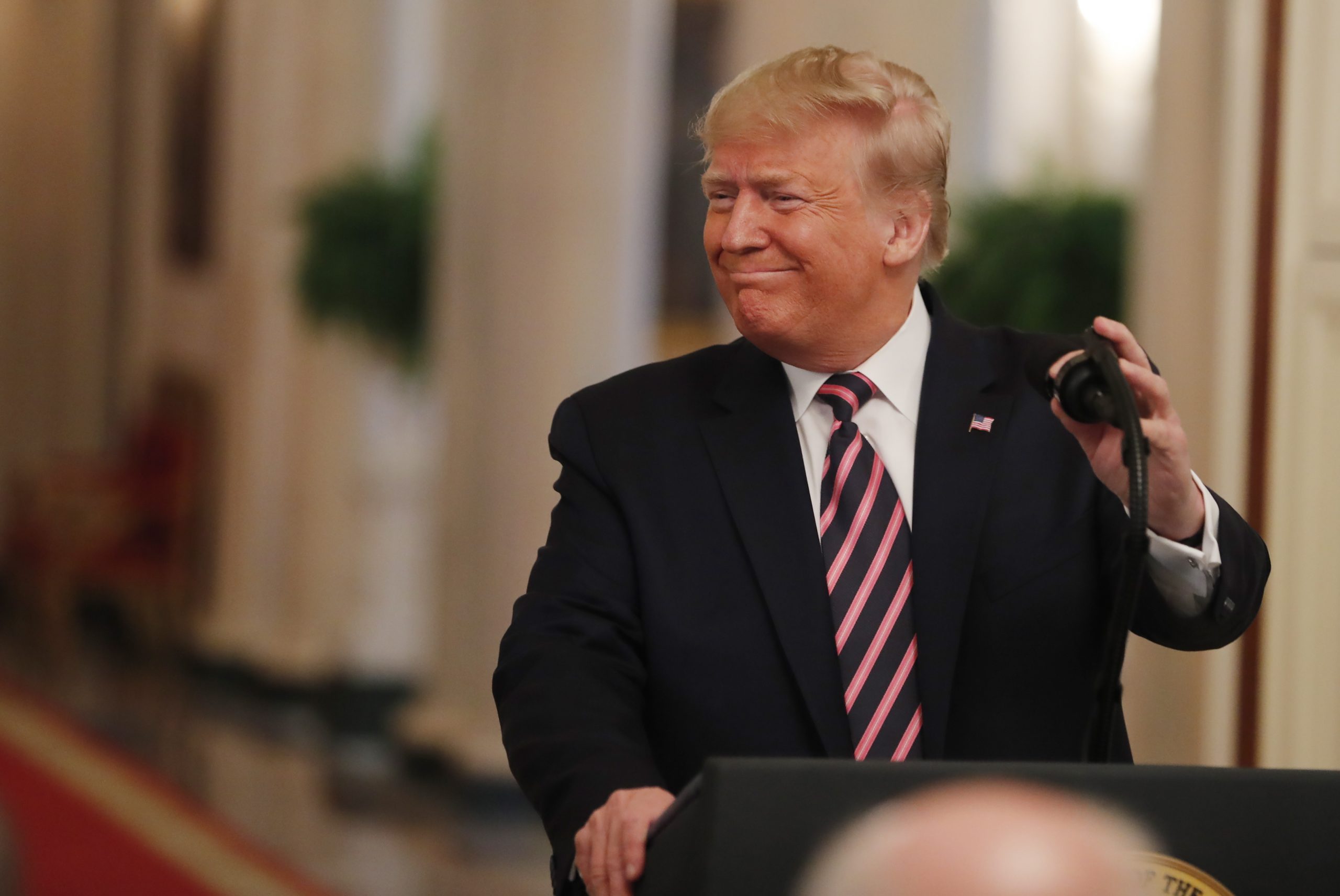 epa08198255 US President Donald J. Trump speaks in the East Room of the White House a day after his Senate impeachment trial acquittal in Washington, DC, USA, 06 February 2020. Trump was found not guilty on two articles of impeachment 05 February after a two-week trial.  EPA/ERIK S. LESSER