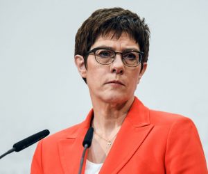 epa08200125 Christian Democratic Union (CDU) party chairwoman and German Defense Minister Annegret Kramp-Karrenbauer gives a press conference at the party headquarters in Berlin, Germany, 07 February 2020. German political parties CDU and FDP hold meetings after the Thuringia state governor Kemmerich announced his resignation just the day after he was suprisingly elected by a majority of the state parliament. Kemmerich was elected with the votes of far-right Alternative for Germany (AfD) party, causing a shock to the established parties' consensus to have no cooperation right-wing extremist AfD.  EPA/FILIP SINGER