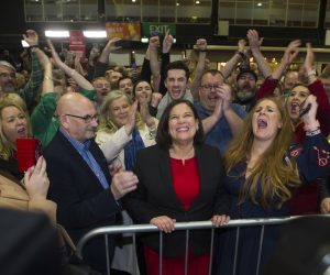 epa08206194 Sinn Fein president Mary Lou McDonald (C) reacts after being elected in her Dublin constituency at Dublin City count centre in Dublin, Ireland, 09 February 2020. Exit polls in the Irish general election suggest a three way tie between Fianna Fail, Fine Gael and Sinn Fein after the 08 February general elections.  EPA/AIDAN CRAWLEY
