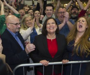 epa08206194 Sinn Fein president Mary Lou McDonald (C) reacts after being elected in her Dublin constituency at Dublin City count centre in Dublin, Ireland, 09 February 2020. Exit polls in the Irish general election suggest a three way tie between Fianna Fail, Fine Gael and Sinn Fein after the 08 February general elections.  EPA/AIDAN CRAWLEY