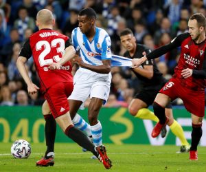 epa08216131 Real Sociedad's forward Alexander Isak (C) in action against Mirandes' defender Odei (R) during the King's Cup first leg soccer match between Real Sociedad and CD Mirandes at Reale Arena stadium in San Sebastian, Basque Country, Spain, 13 February 2020.  EPA/Juan Herrero
