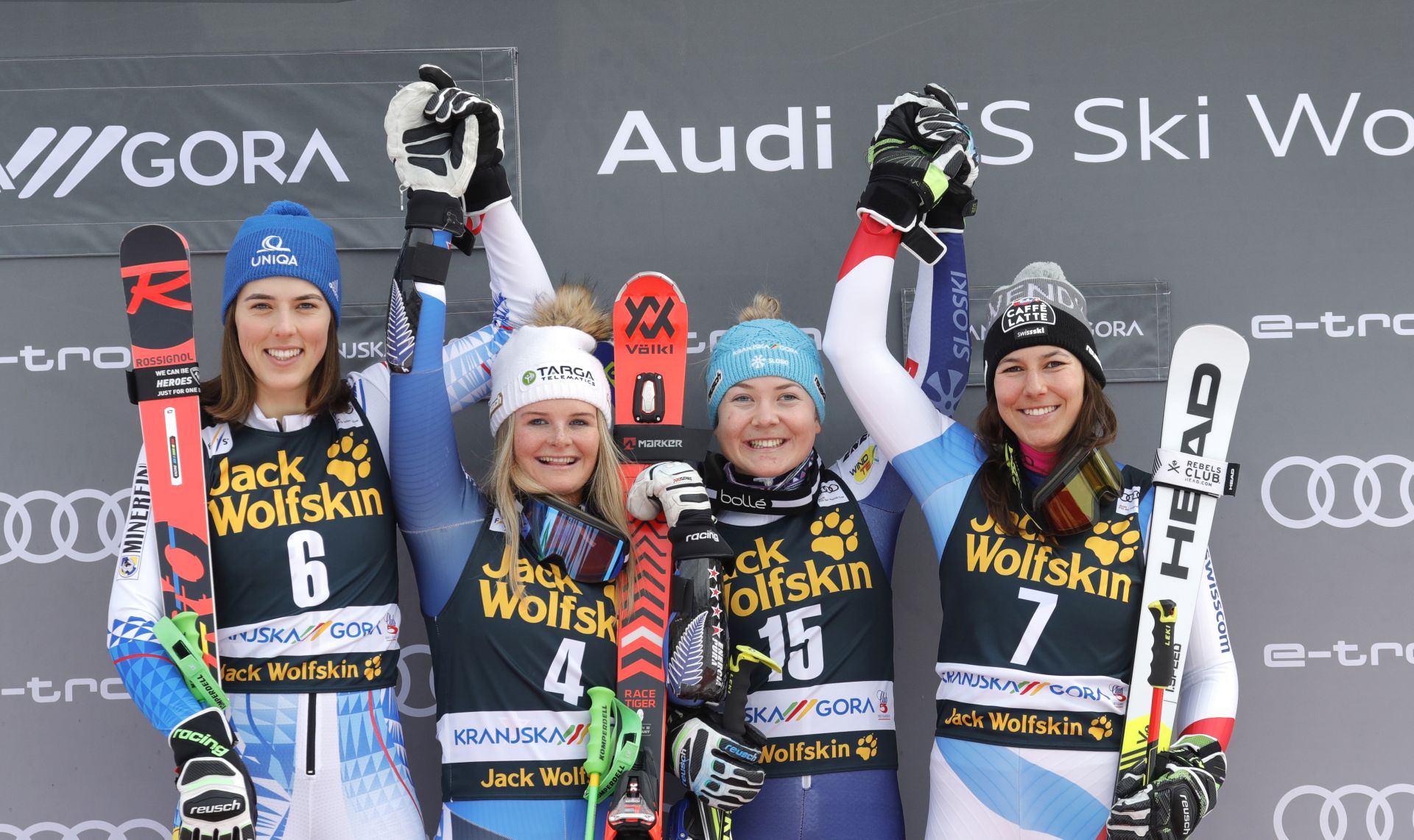 epa08219515 (L-R) Second placed Petra Vlhova of Slovakia, winner Alice Robinson of New Zealand, ex aequo third placed Meta Hrovat of Slovenia and Wendy Holdener of Switzerland pose during the award ceremony for the women's Giant Slalom race at the FIS Alpine Skiing World Cup event in Kranjska Gora, Slovenia, 15 February 2020.  EPA/ANTONIO BAT