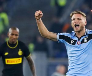 epa08222944 Lazio's Ciro Immobile celebrates after scoring the 1-1 goal during the Italian Serie A soccer match SS Lazio vs FC Inter at Olimpico stadium in Rome, Italy, 16 February 2020.  EPA/ANGELO CARCONI