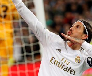 epa08222951 Real Madrid's defender Sergio Ramos celebrates after scoring the 2-1 goal during the Spanish LaLiga match between Real Madrid and Celta de Vigo at Santiago Bernabeu stadium in Madrid, Spain, 16 February 2020.  EPA/CHEMA MOYA