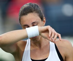 epa08234813 Petra Martic of Croatia reacts during her semi final match against Elena Rybakina of Kazakhstan at the Dubai Duty Free Tennis WTA Championships 2020 in Dubai, United Arab Emirates, 21 February 2020.  EPA/ALI HAIDER