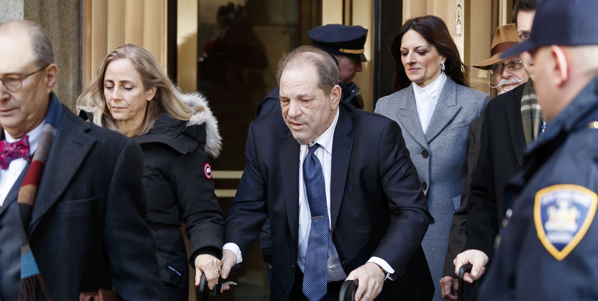 epa08235829 Harvey Weinstein departs New York State Supreme Court following a fourth day of jury deliberation in his sexual assault trial in New York, New York, USA, 20 February 2020.The case against Weinstein is based on sexual assault and rape allegations of two separate women, and Weinstein could face life in prison if convicted.  EPA/JUSTIN LANE