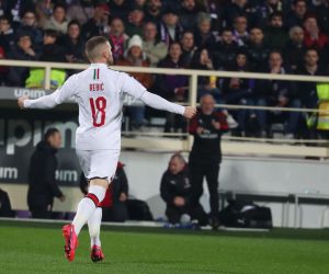 epa08238861 Milan's foward Ante Rebic celebrates after scoring the opening goal during the Italian Serie A soccer match between ACF Fiorentina and AC Milan at the Artemio Franchi stadium in Florence, Italy, 22 February 2020.  EPA/CLAUDIO GIOVANNINI