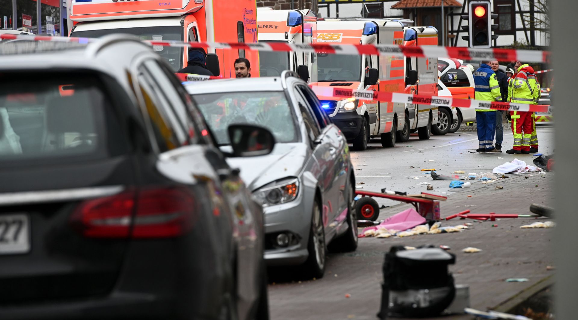 24 February 2020, Hessen, Volkmarsen: Emergency personnel operate at the scene where a car hurtled into a carnival parade. Multiple people have been reported injured while the driver of the vehicle was arrested. Photo: Uwe Zucchi/dpa